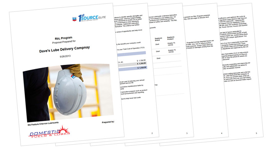 A sample RbL Customized Lubrication report from Domestic Fuels & Lubes